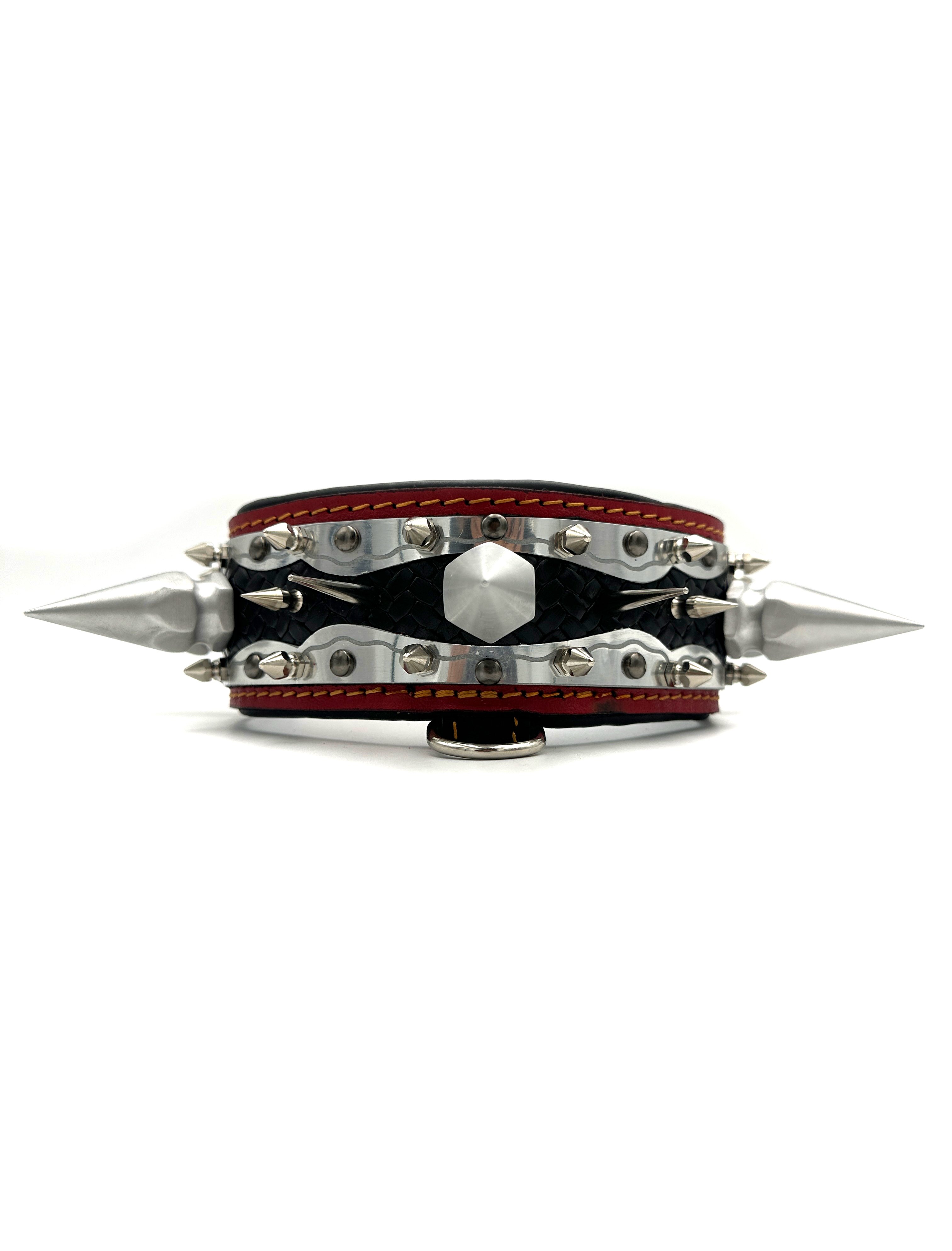 Black-Red Silver Tones Big Spiked Handmade Leather Dog Collar