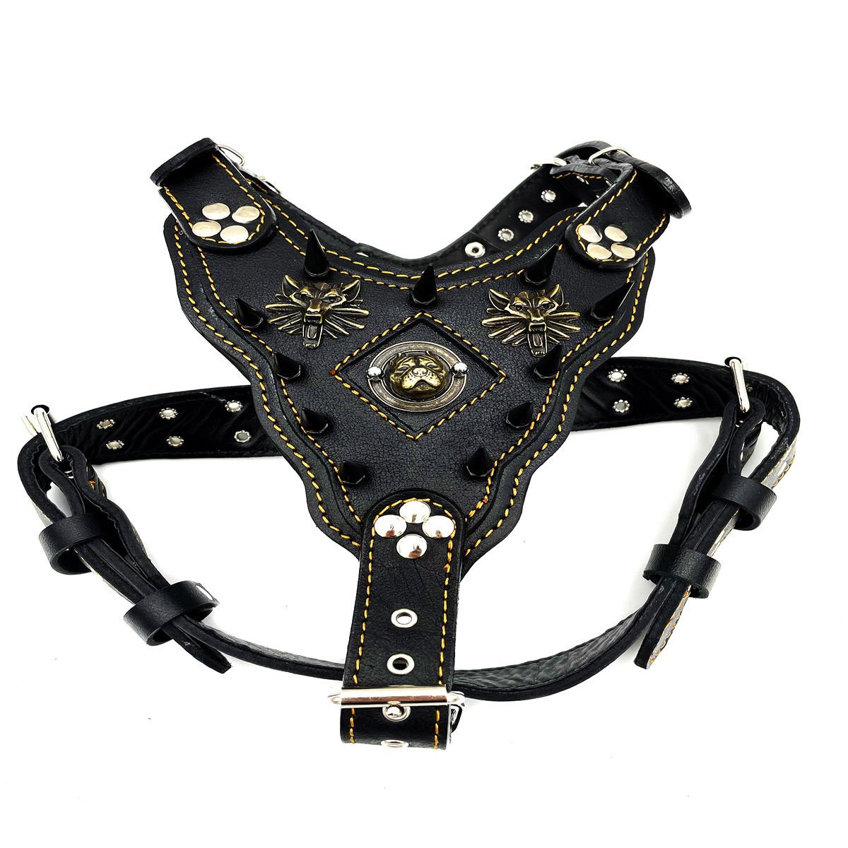 Black Spiked Pitbull Head Leather Dog Harness